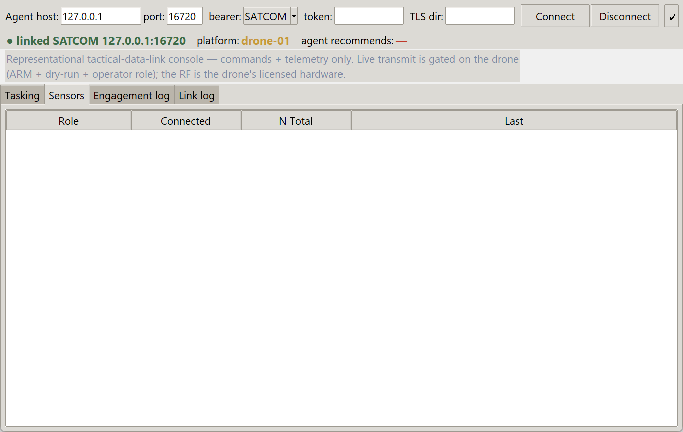 Ground-station C2 console — linked to drone-01 over SATCOM