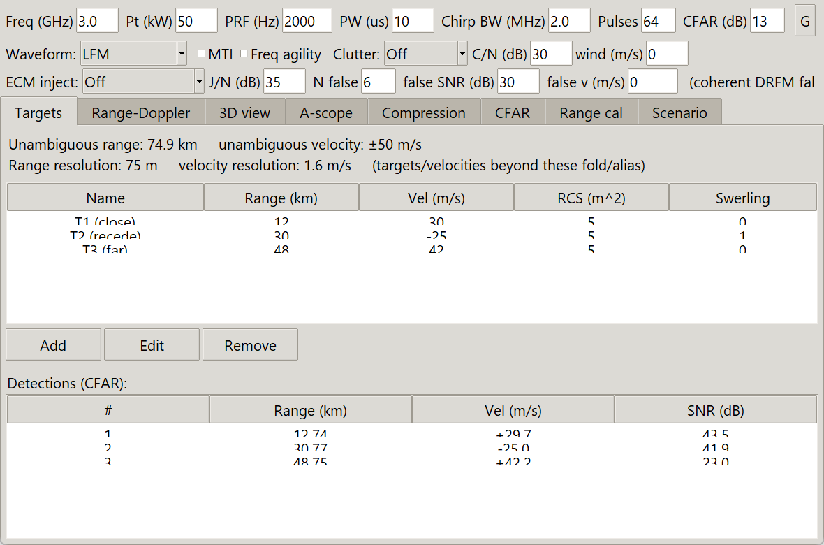 Radar waveform and target data entry
